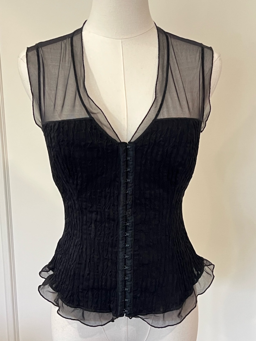 Papillon Blanc Black Mesh Corset Top Ruched Hook Front Whimsy Goth Going Out